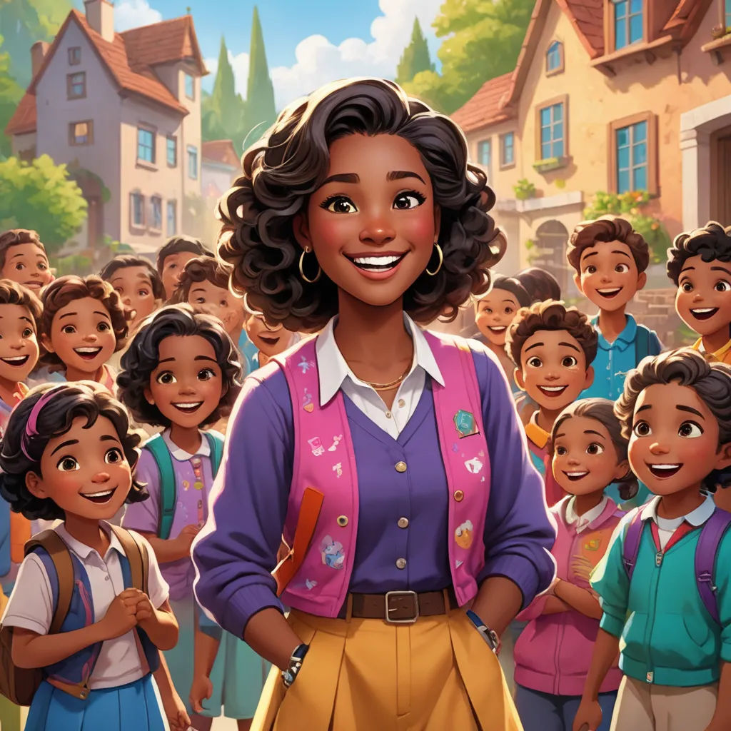 a cartoon of a woman standing in front of a group of children in a neighborhood with a house in the background, sots art, concept art, Ada Gladys Killins, key art