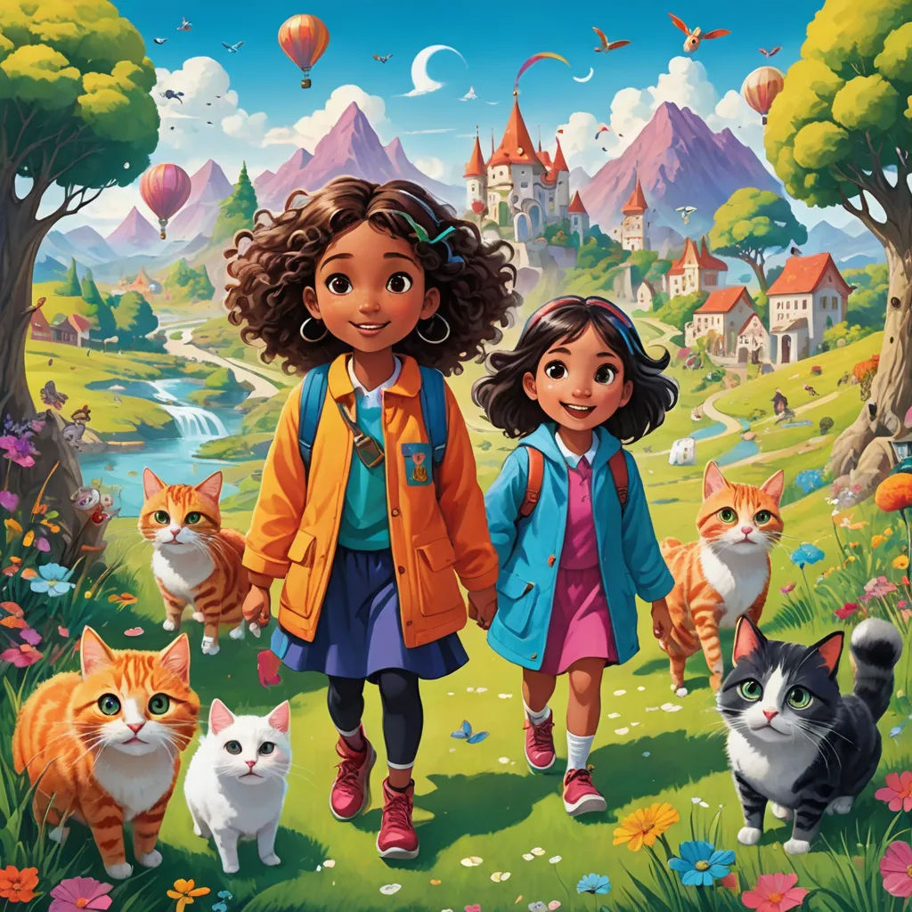 a girl and two cats walking through a field with a castle in the background and a cat on the ground, sots art, a storybook illustration, Chris LaBrooy, promotional image