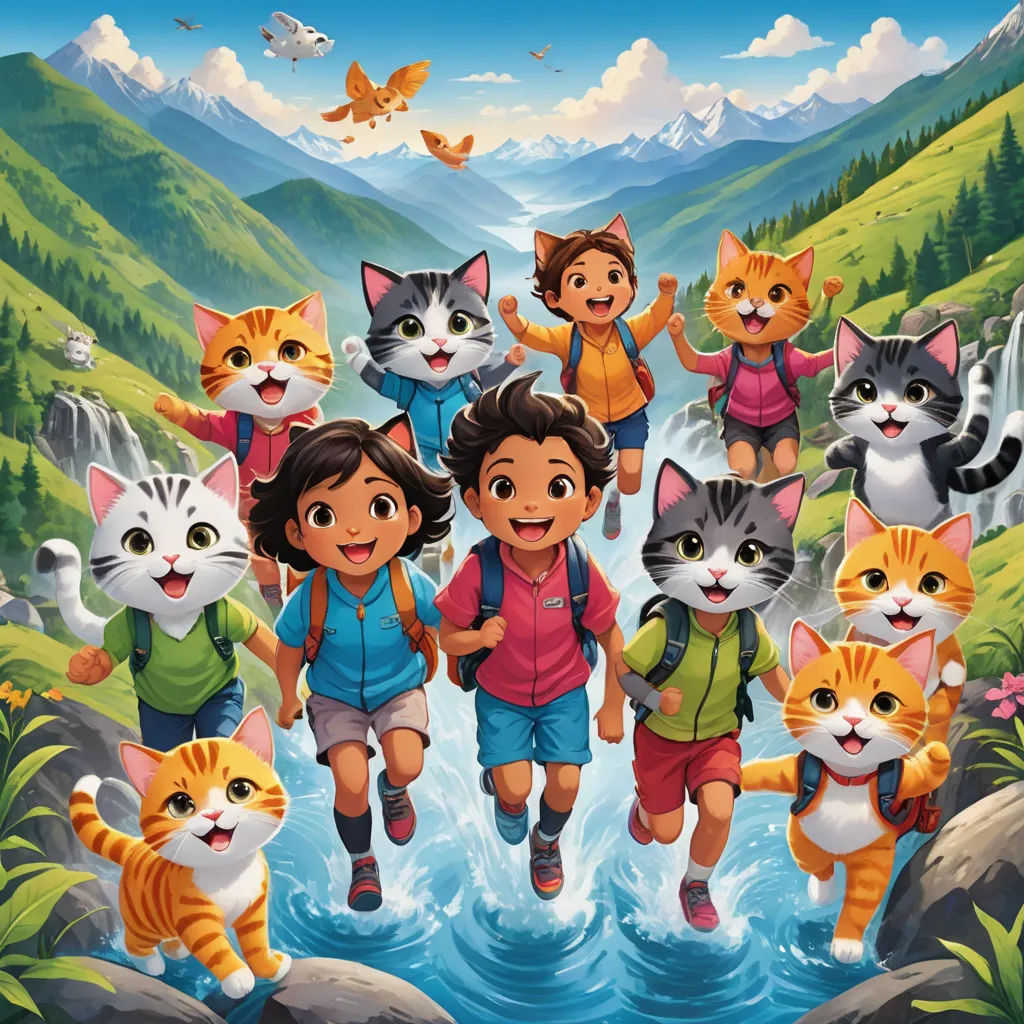 a painting of a group of children with cats in the background and a mountain stream in the foreground, furry art, a storybook illustration, Diego Gisbert Llorens, promotional image