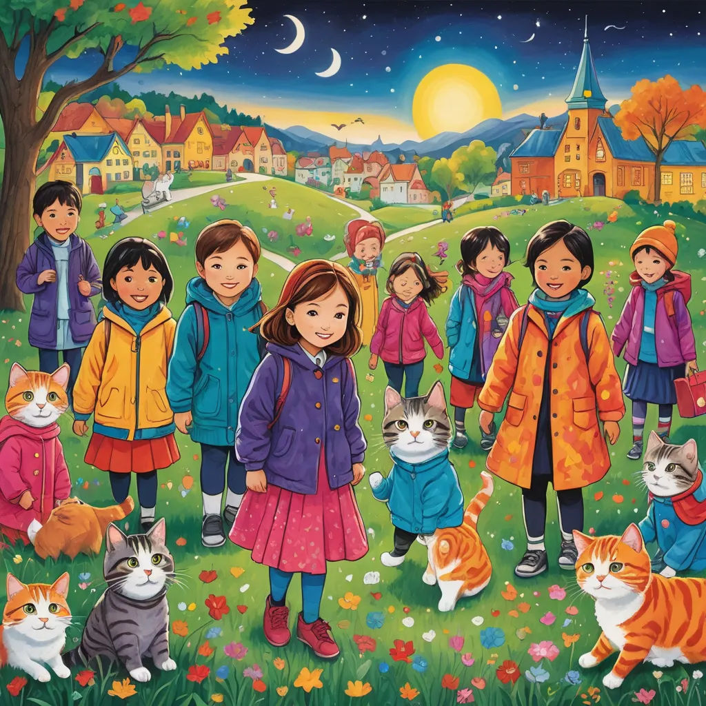 a painting of a group of children and cats in a field with a full moon in the background and a full moon in the sky, naive art, a storybook illustration, Art & Language, detailed illustration