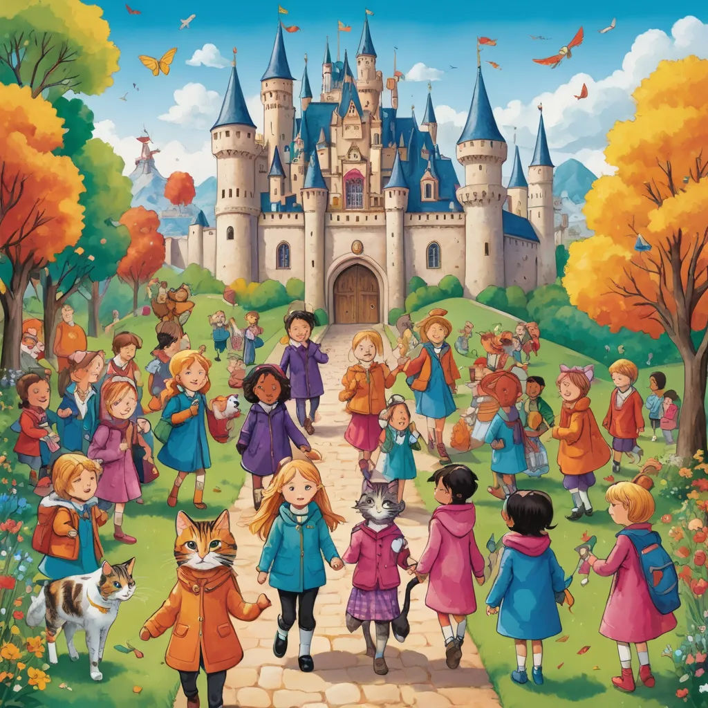 a painting of a group of children walking towards a castle with a dog in front of it and a cat in the foreground, naive art, a storybook illustration, disney, storybook illustration
