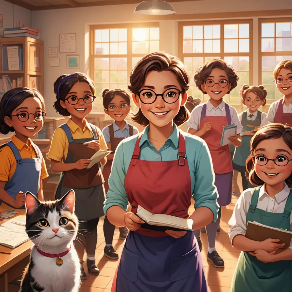 a woman in an apron standing in front of a group of children with a cat and book in her hands, american scene painting, a storybook illustration, Anne Said, official art