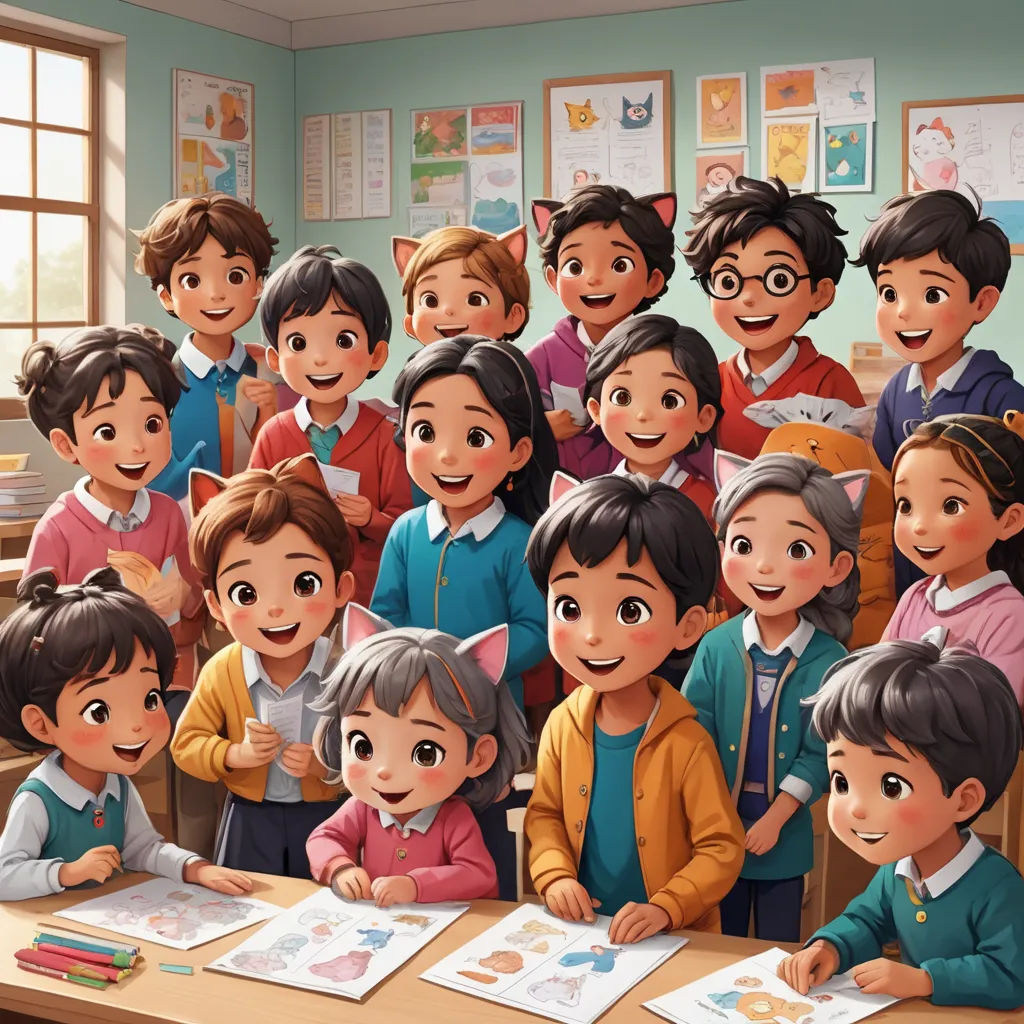 a group of children standing in front of a desk with a book and pencils on it in a classroom, vancouver school, a storybook illustration, Cui Bai, trending on art station
