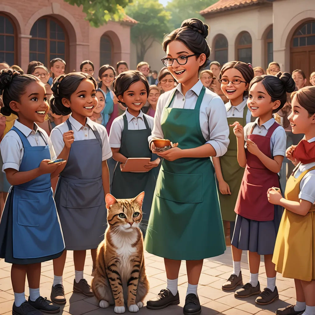 a cartoon of a woman standing in front of a group of children with a cat on her lap and a cat sitting on the ground, bengal school of art, a storybook illustration, Ella Guru, official art