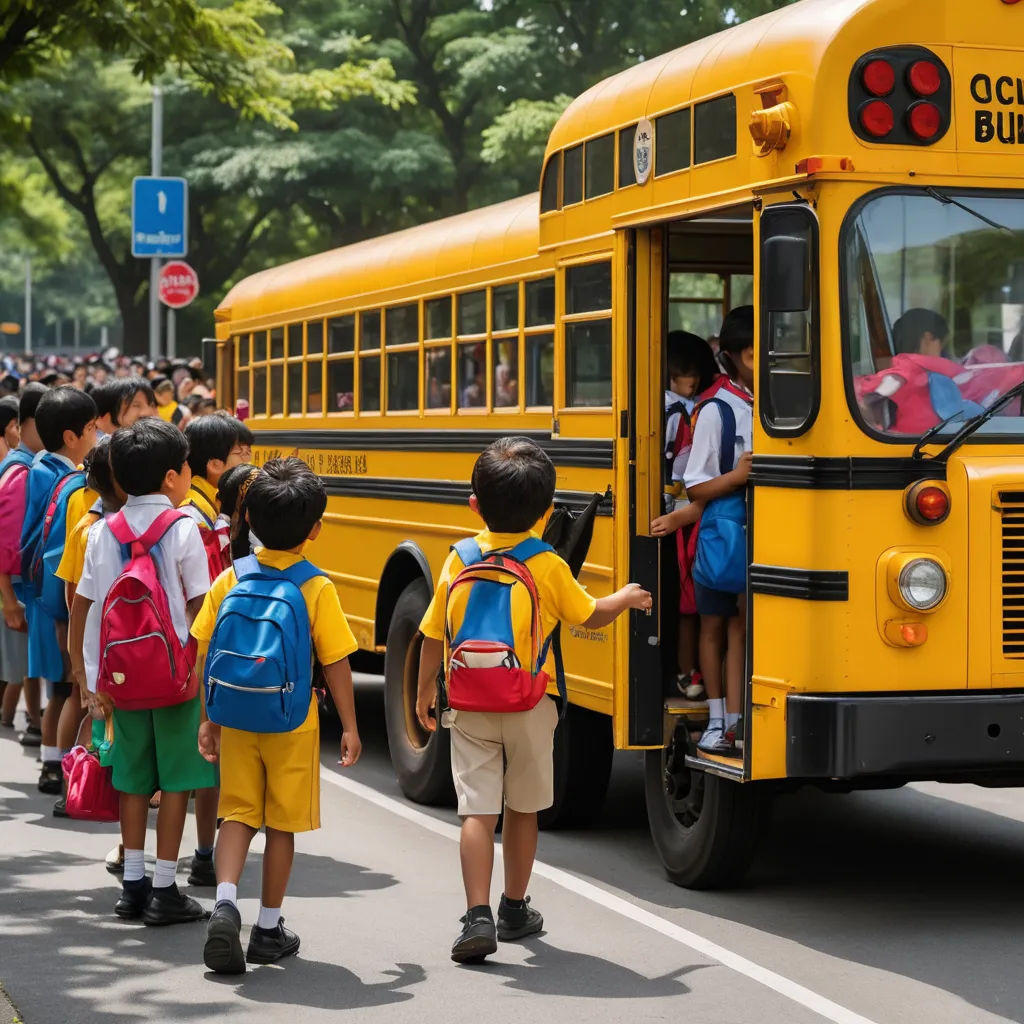 a group of school children boarding a school bus on a street with a line of people behind them and a line of school buses, vancouver school, a stock photo, Eric Deschamps, turnaround