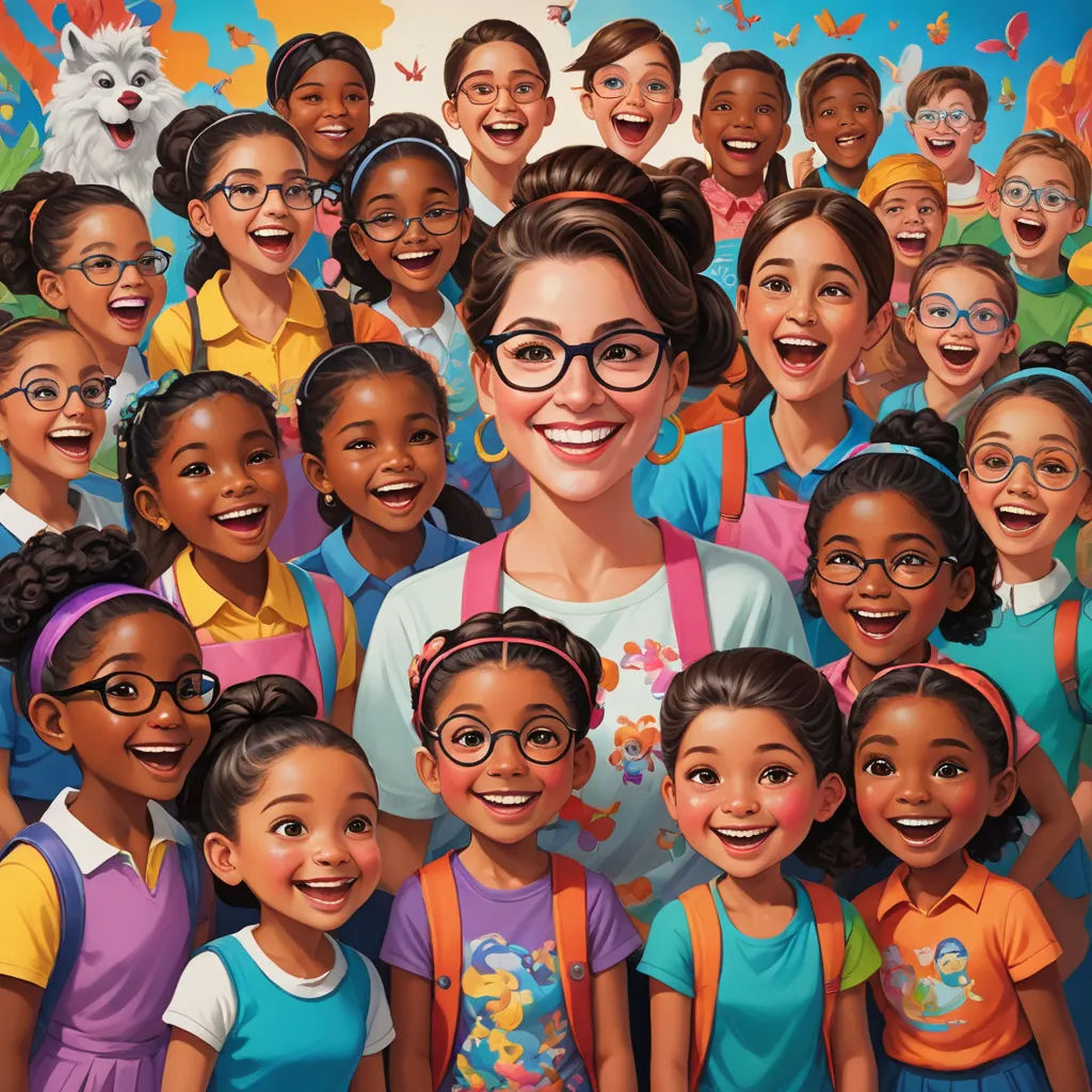 a painting of a woman surrounded by children with glasses and a cat on her head and a dog on her shoulder, american scene painting, poster art, Ada Gladys Killins, key art