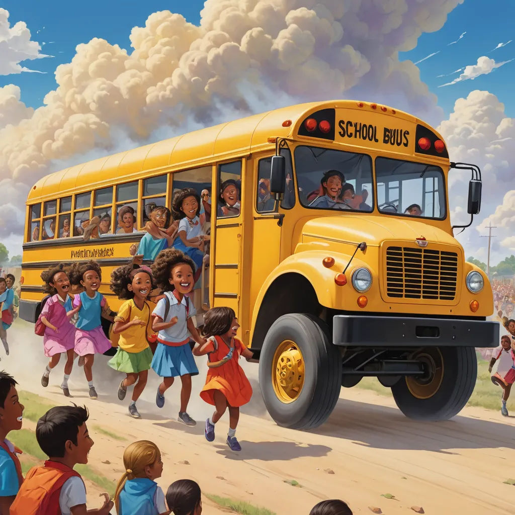 a painting of a school bus with children running towards it and a group of people standing on the side of the bus, magical realism, a storybook illustration, Allan Brooks, storybook illustration