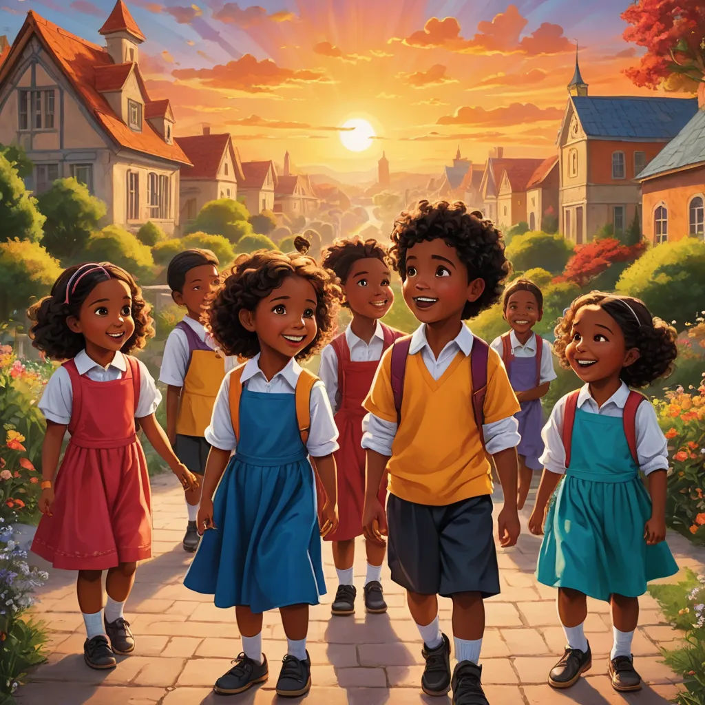 a painting of a group of children standing in front of a sunset with a building in the background and a path leading to them, harlem renaissance, a storybook illustration, Brothers Hildebrandt, official art