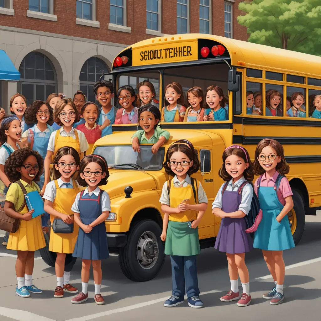 a painting of a school bus with a group of children standing in front of it and a school bus in the background, american scene painting, a storybook illustration, F Scott Hess, highly detailed digital painting
