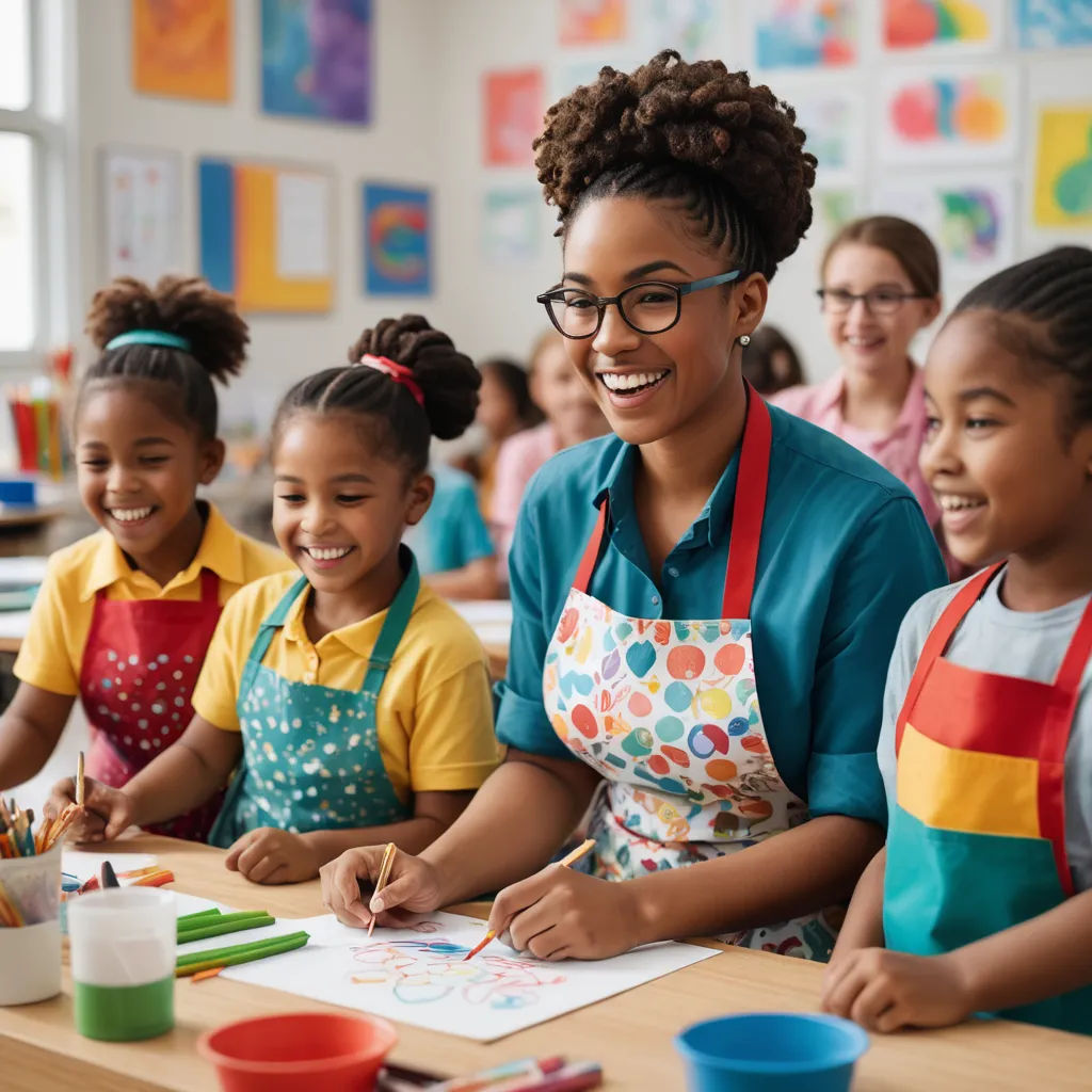 a teacher is smiling while teaching children in a classroom with other children in the background and a teacher in the foreground, naive art, a stock photo, Art & Language, art station
