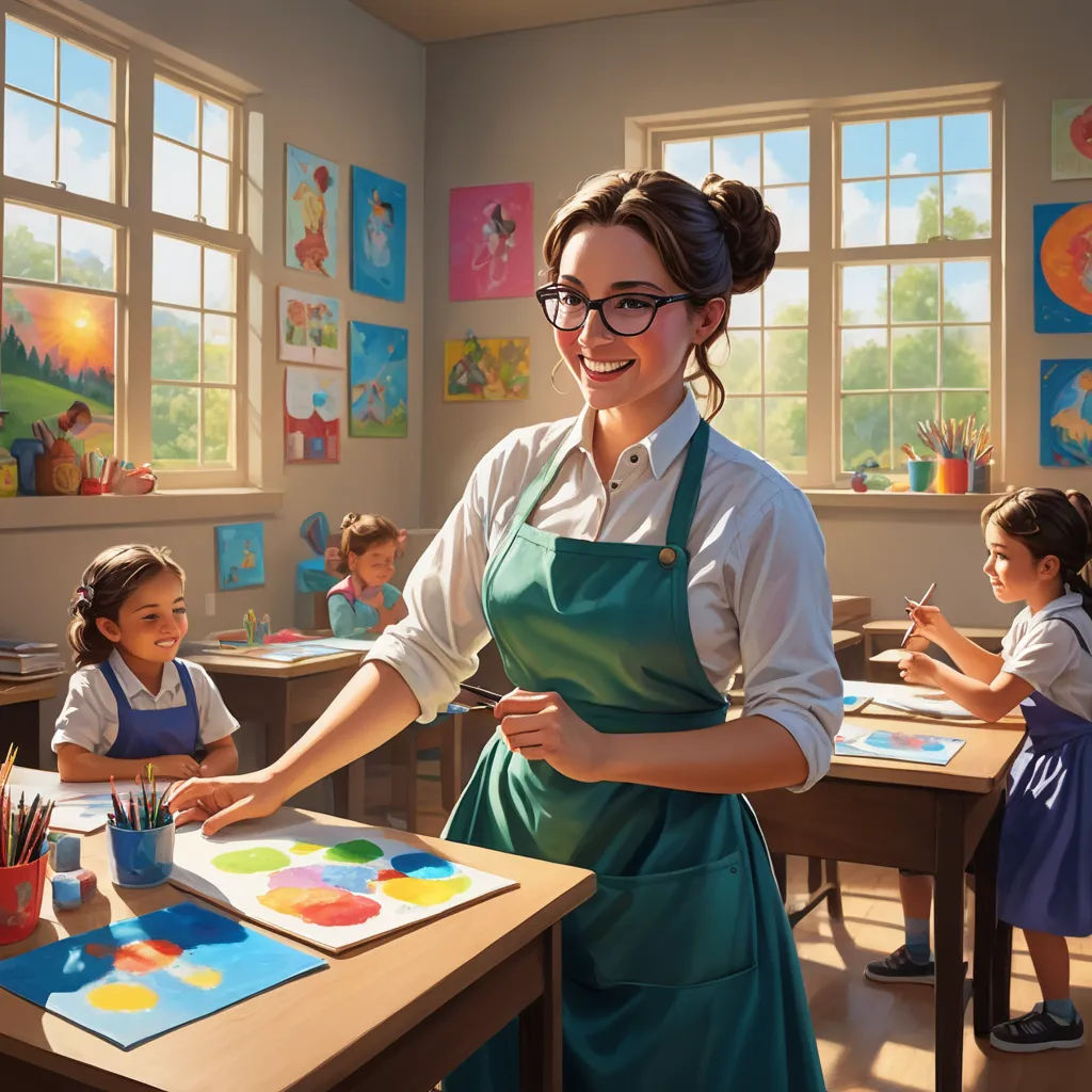 a woman in an apron is painting in a classroom with children in the background and a window with bright sunlight, american scene painting, a detailed painting, Evgeny Lushpin, professional digital painting