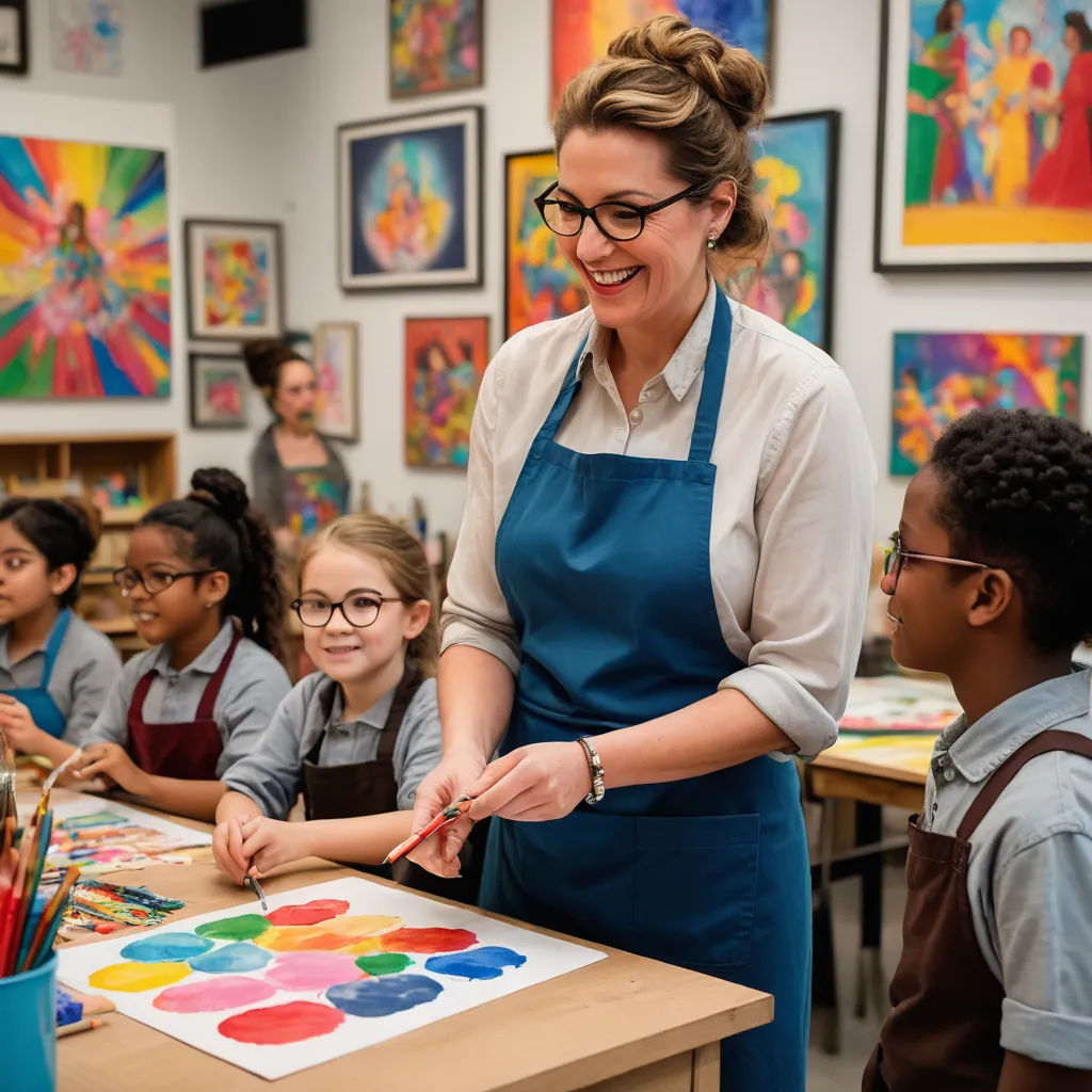 a woman in an apron is teaching children how to paint on a canvas in a classroom with other children, naive art, a stock photo, artist, art station