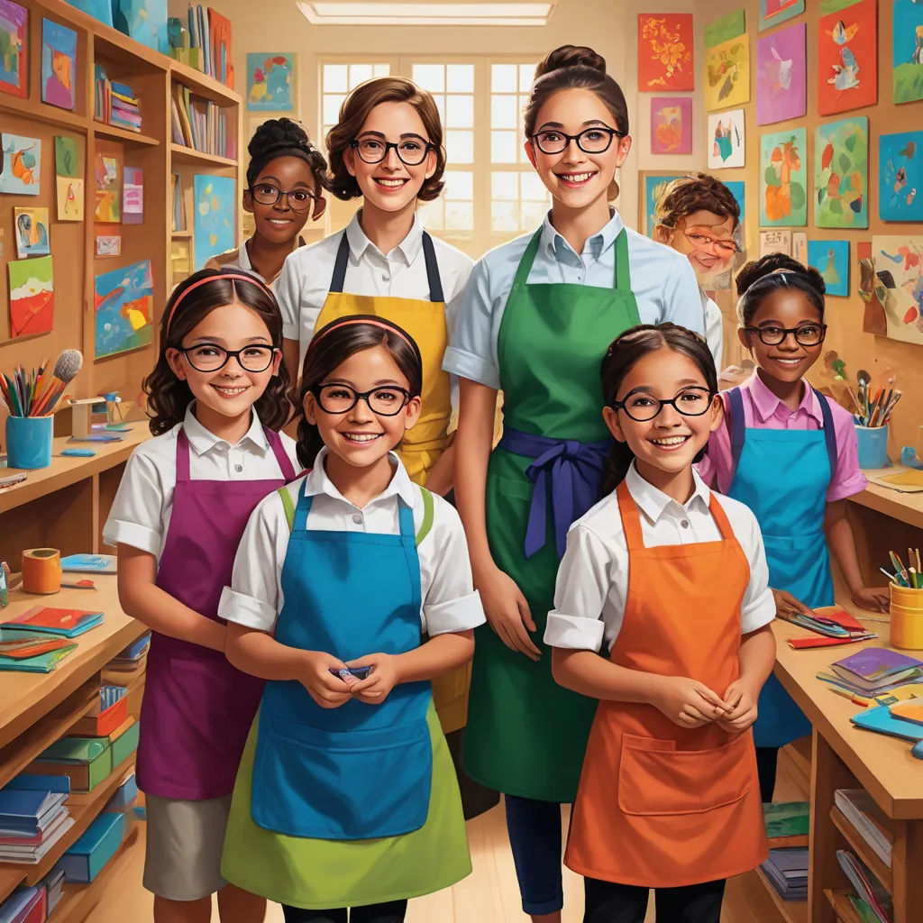 a group of children in a classroom with a teacher in the background wearing aprons and glasses and smiling, american scene painting, a hyperrealistic painting, Bob Byerley, professional digital painting