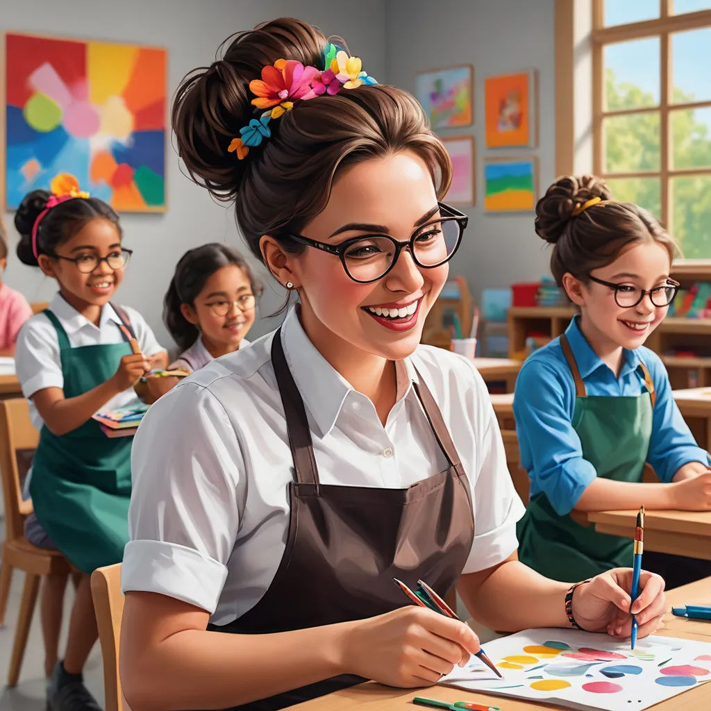 a woman in a classroom with two girls and a boy with glasses and a book and pencils in her hand, naive art, an oil painting, artist, professional digital painting