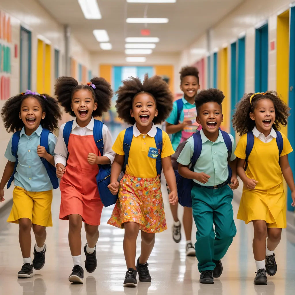 a group of children walking down a hallway together in school uniforms and backpacks, with one child smiling and the other laughing, paris school, a stock photo, Chinwe Chukwuogo-Roy, promotional image