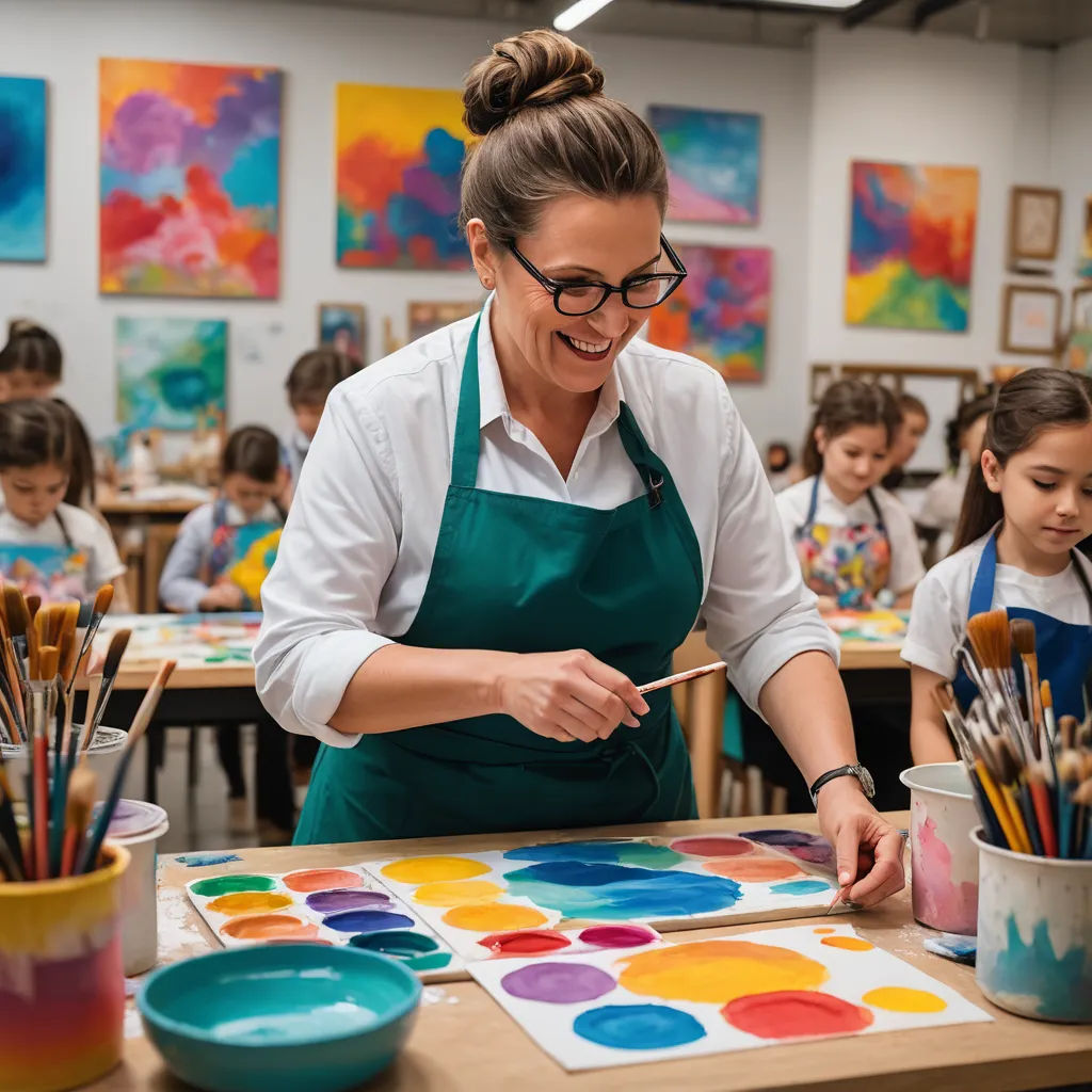 a woman in an apron painting with children in the background at a table with paintbrushes and paint, action painting, a stock photo, artist, swirly vibrant color lines