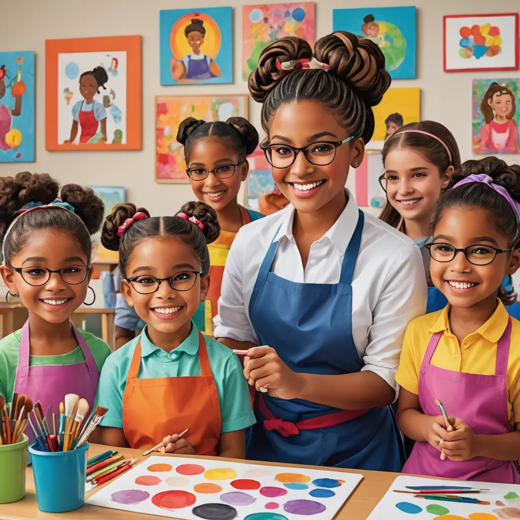 a woman is smiling while surrounded by children in a classroom with art supplies and paintings on the wall behind her, naive art, a stock photo, artist, promotional image