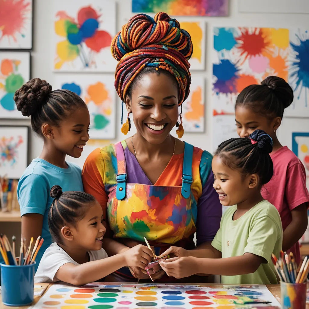 a woman with two children and a paintbrush in her hands and a paintbrush in her other hand, black arts movement, a child's drawing, artist, art station