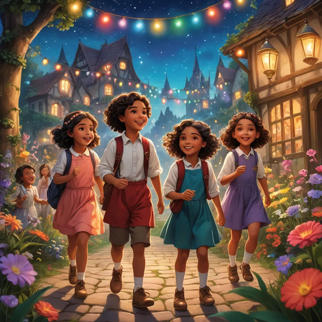 a group of children walking down a street next to a building with lights on it and a sign that says, the secret of the kingdom, american scene painting, a storybook illustration, Brothers Hildebrandt, official art
