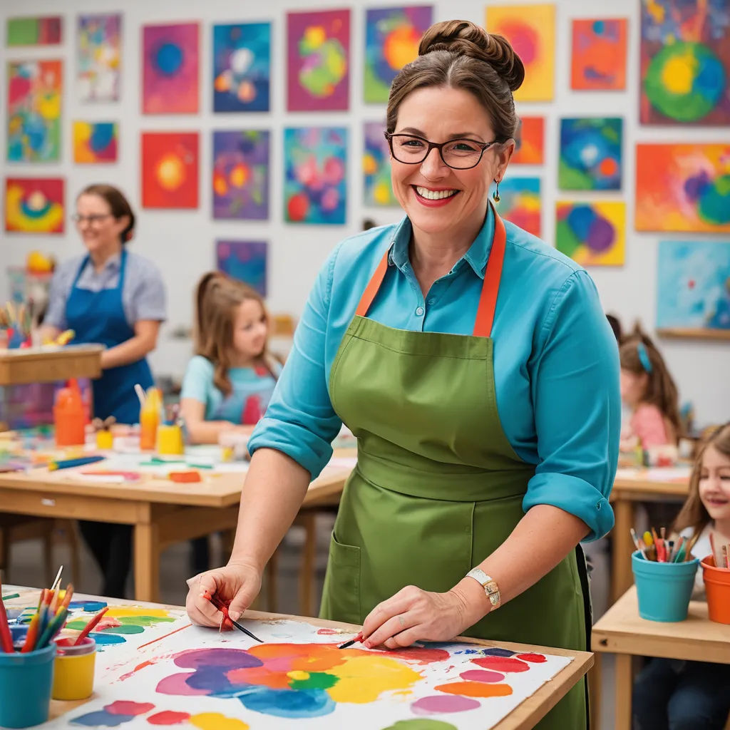 a woman in an apron is painting with children in the background at a table with paintbrushes and a palette, arbeitsrat für kunst, a stock photo, artist, promotional image