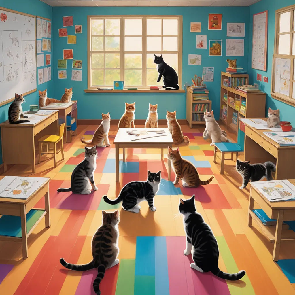 a group of cats sitting on top of a colorful floor in a classroom with a desk and chairs and a window, bengal school of art, a storybook illustration, Chris LaBrooy, storybook illustration