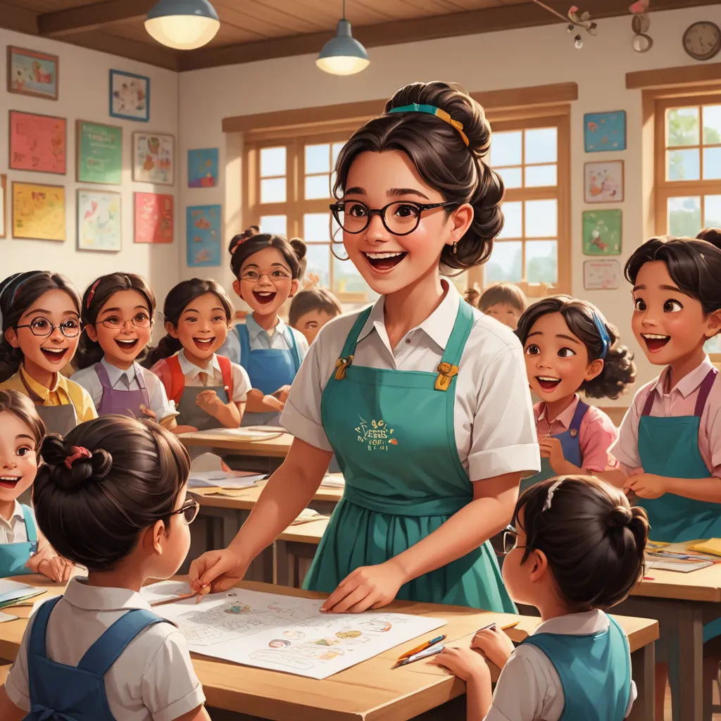 a cartoon of a teacher teaching a class of children in a classroom with a teacher smiling at the camera, american scene painting, a storybook illustration, Ada Gladys Killins, trending on art station