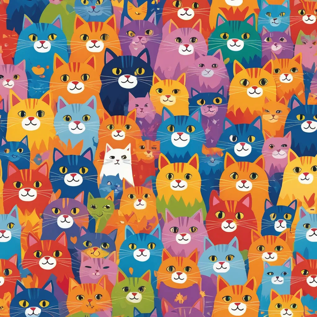 a large group of cats with different colors and sizes on a colorful background with a pattern of cats on it, furry art, a jigsaw puzzle, Claire Hummel, plain background