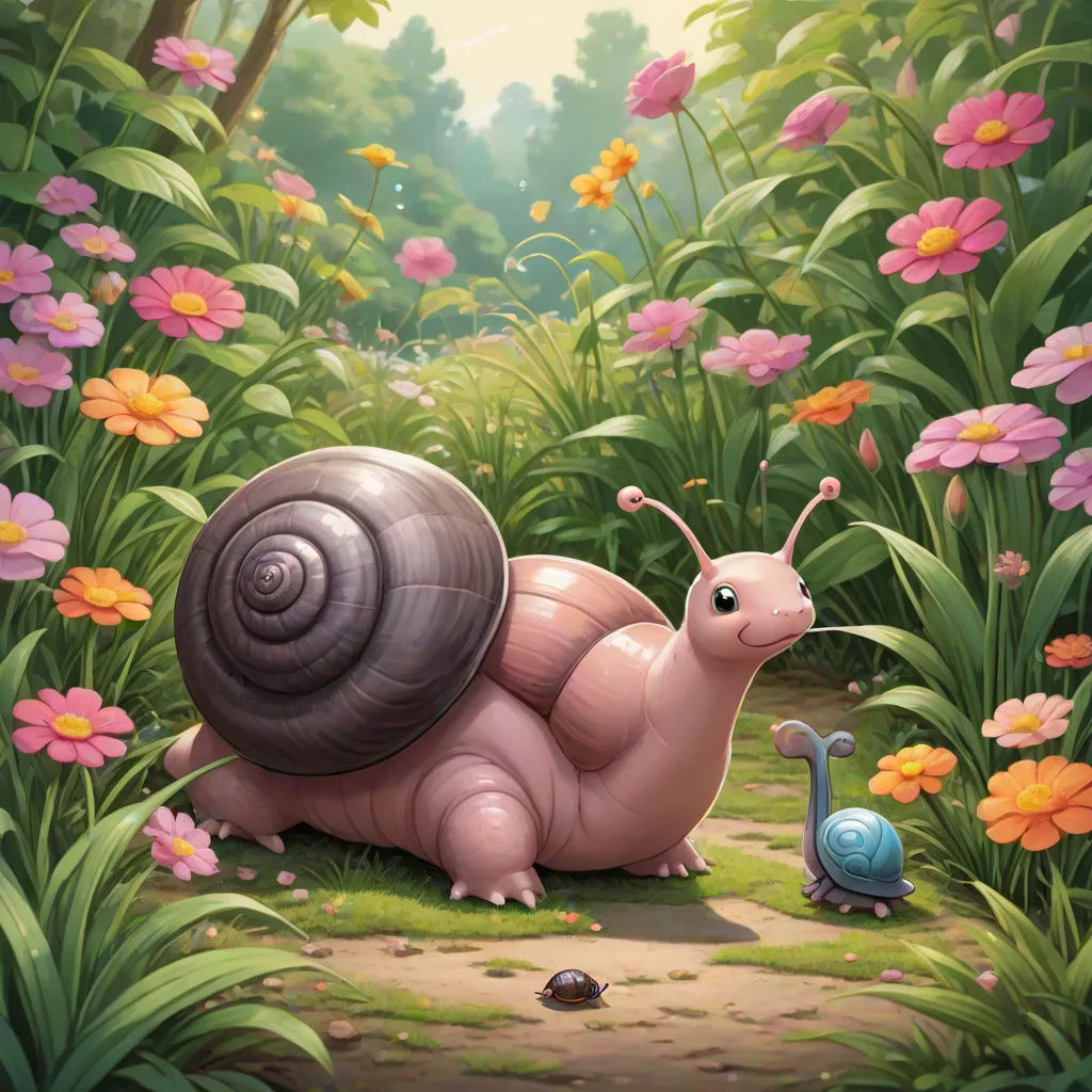 a snail and a snail are in the grass and flowers, and one snail is looking at the snail, fantasy art, a storybook illustration, Chris LaBrooy, official art