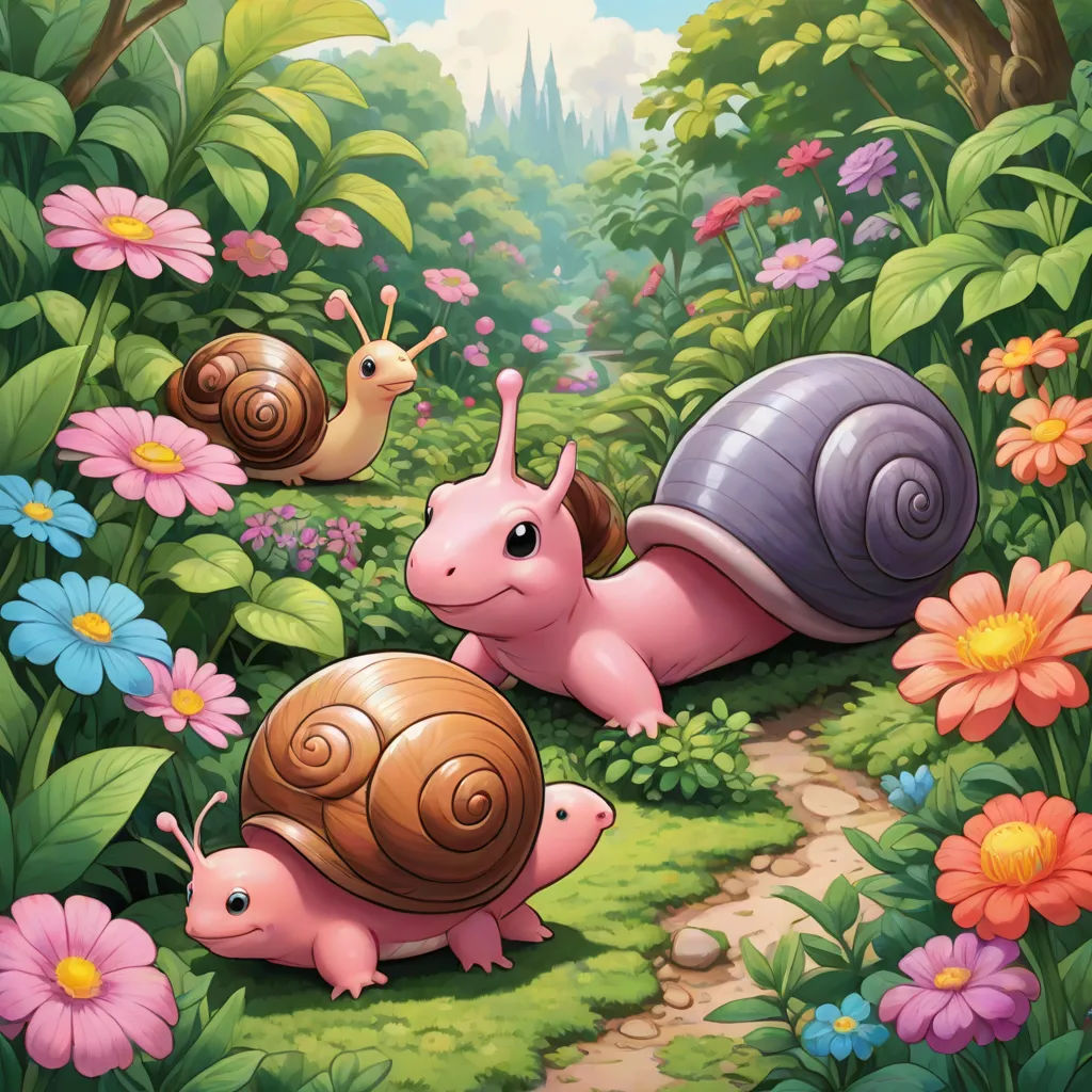 a group of snails walking through a lush green forest next to flowers and a forest path with flowers and a snail, fantasy art, a detailed painting, Chris LaBrooy, official art