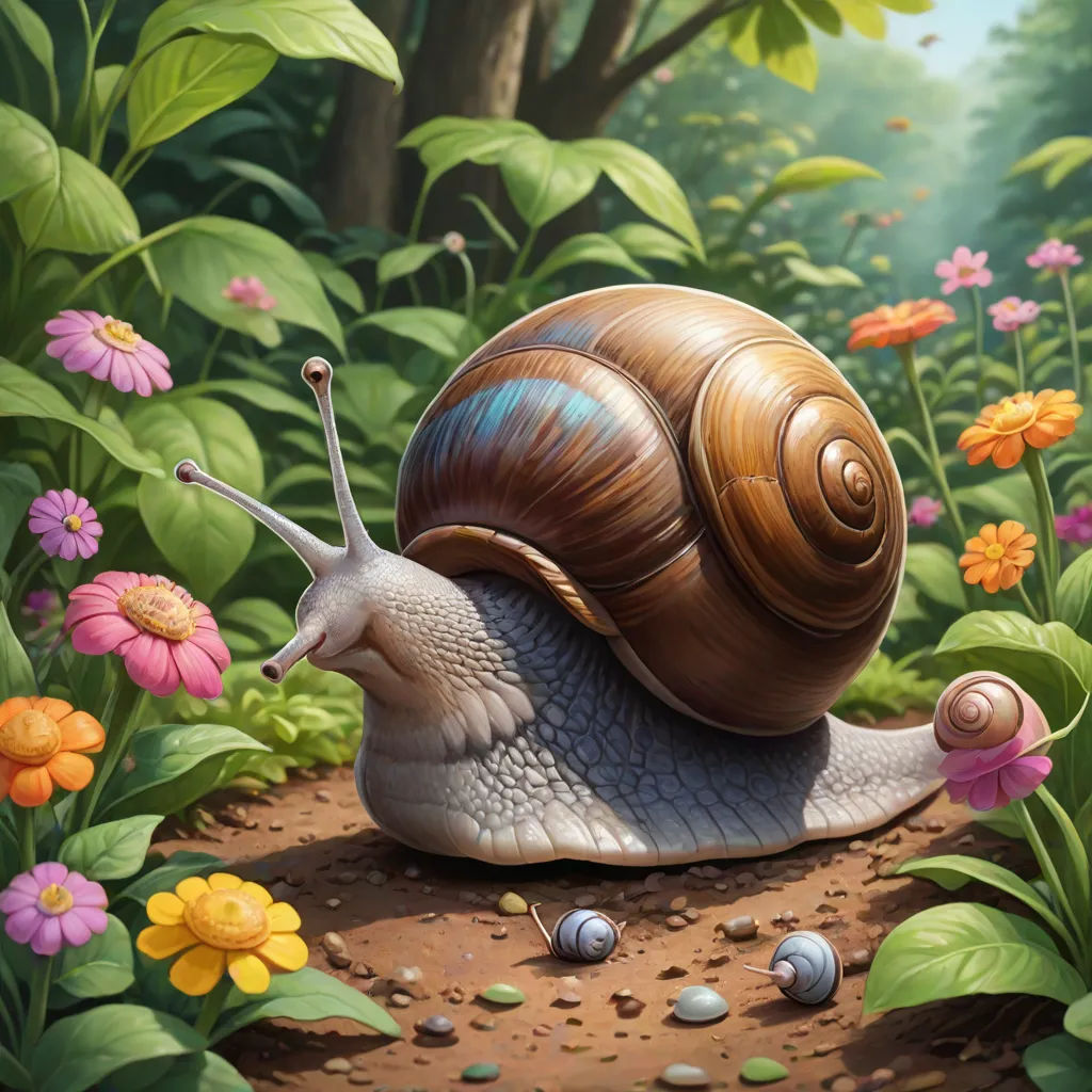 a snail is sitting on a dirt path in a garden of flowers and plants, with a forest in the background, fantasy art, a detailed painting, Chris LaBrooy, highly detailed digital painting