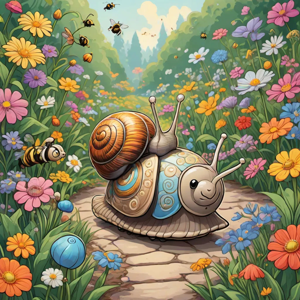 a snail is sitting on a path in a garden with flowers and bees flying around it, and a bee is on the ground, fantasy art, a storybook illustration, Craola, highly detailed digital painting