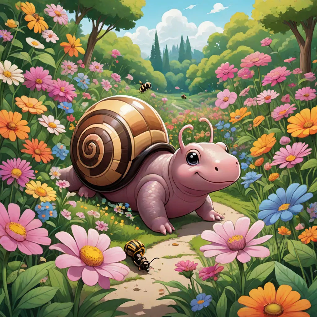 a cartoon snail crawling in a garden of flowers and daisies with bees flying around it and a bee on the ground, fantasy art, a storybook illustration, Chris LaBrooy, official art
