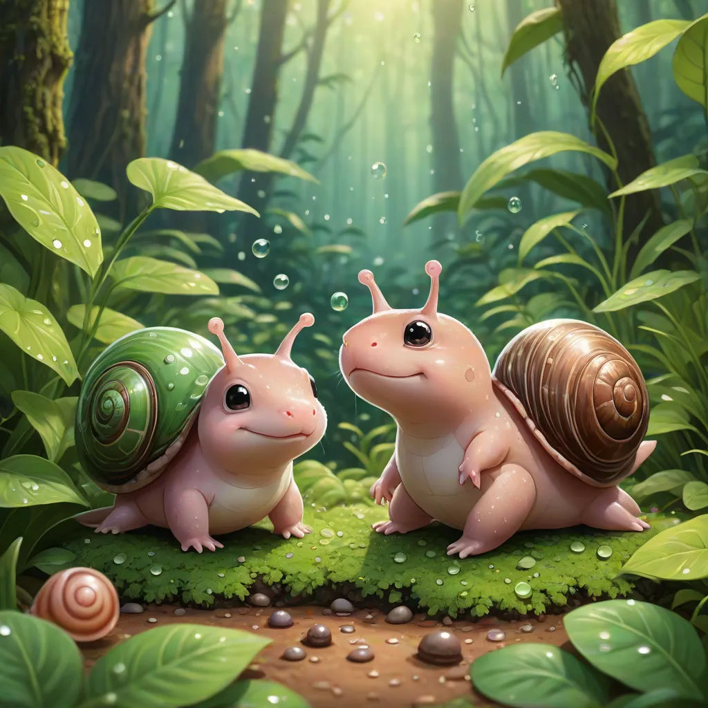 two snails sitting on a patch of grass in the forest with leaves and rocks on the ground, with a snail on the ground, fantasy art, a detailed painting, Chris LaBrooy, stanley artgerm lau