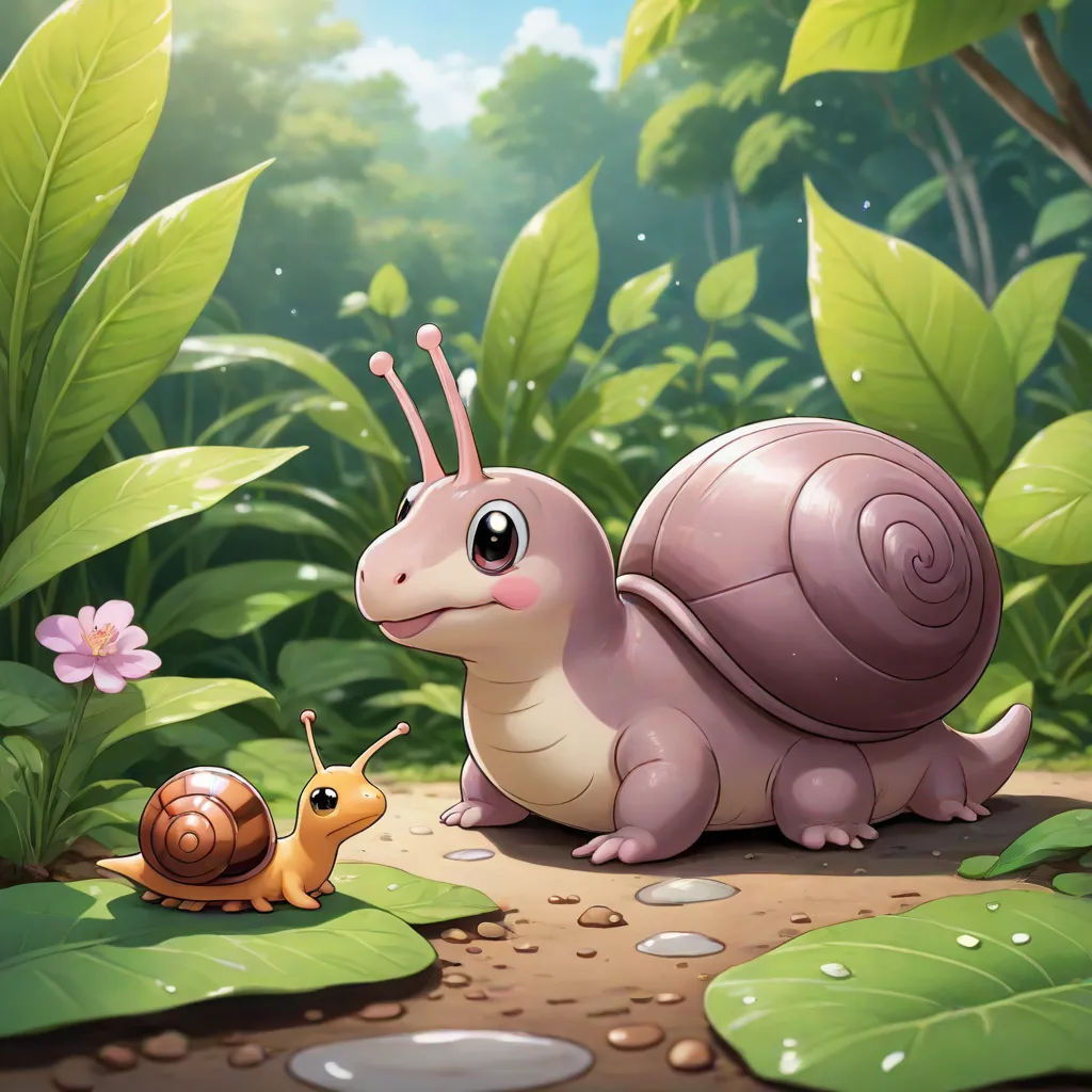 a snail and a snailling in a forest with flowers and leaves on the ground and a sky background, sots art, a storybook illustration, Chris LaBrooy, official art