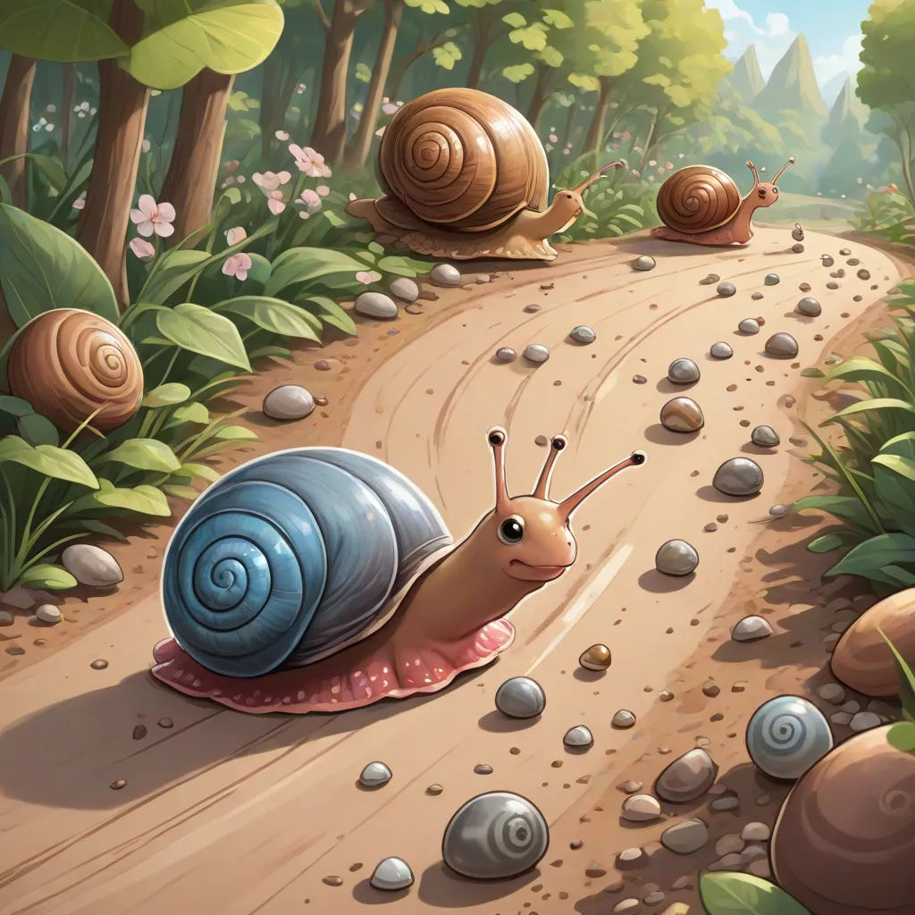 a snail is riding on a dirt road in the woods with rocks and grass around it, and another snail is running along the path, sots art, a storybook illustration, Chris LaBrooy, league of legends splash art