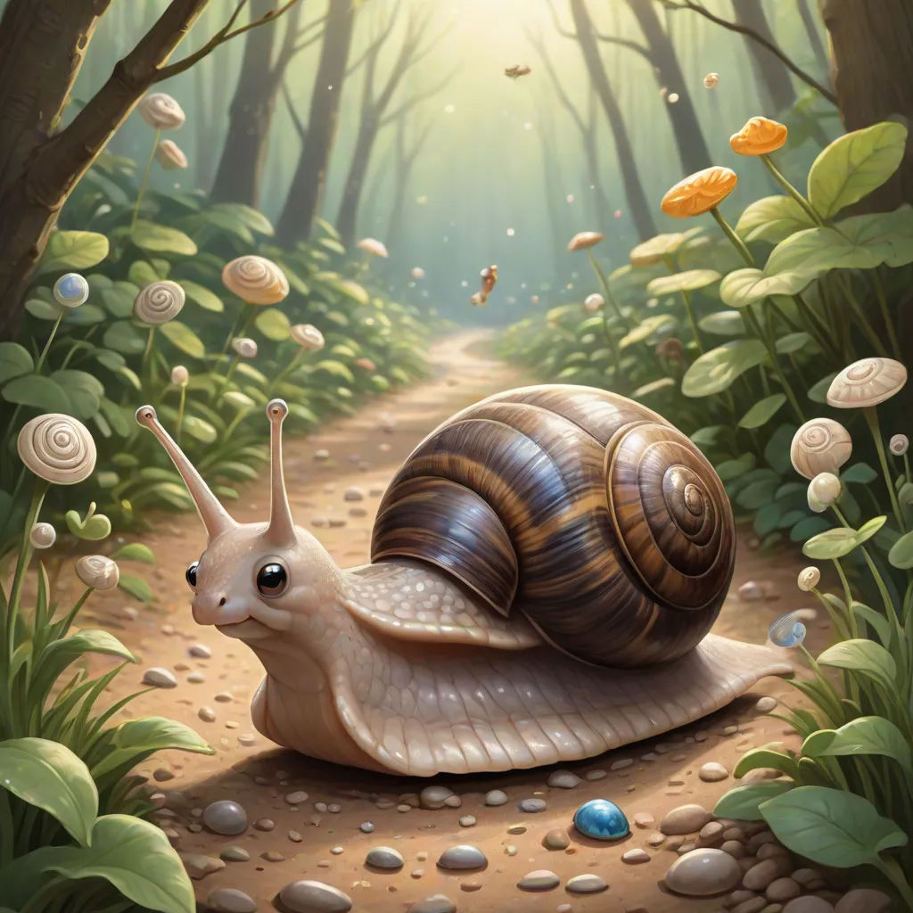 a snail is walking through a forest with flowers and leaves on the ground and a trail leading to it, fantasy art, a storybook illustration, Chris LaBrooy, highly detailed digital painting