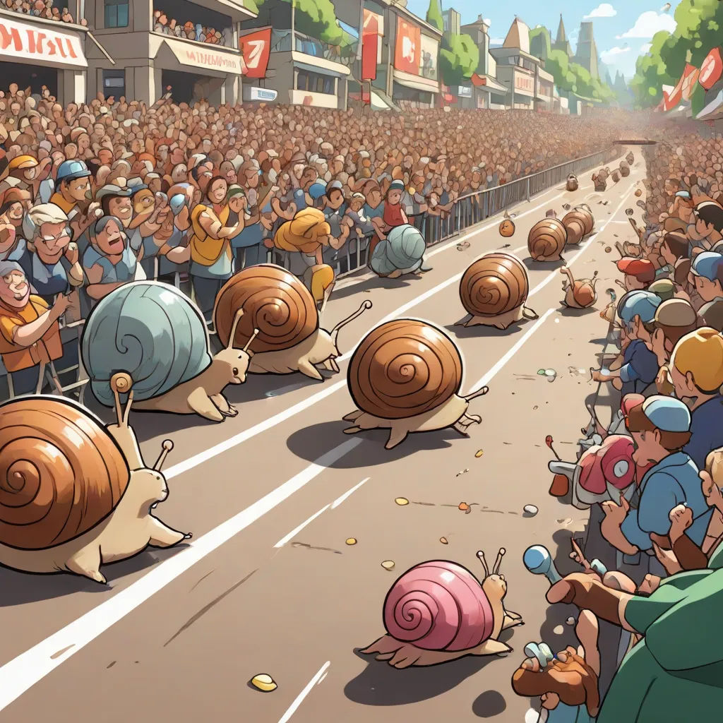 a crowd of people watching a parade of snails on a street with people watching them from the sidelines, fantastic realism, a comic book panel, Chris LaBrooy, 2 d game art