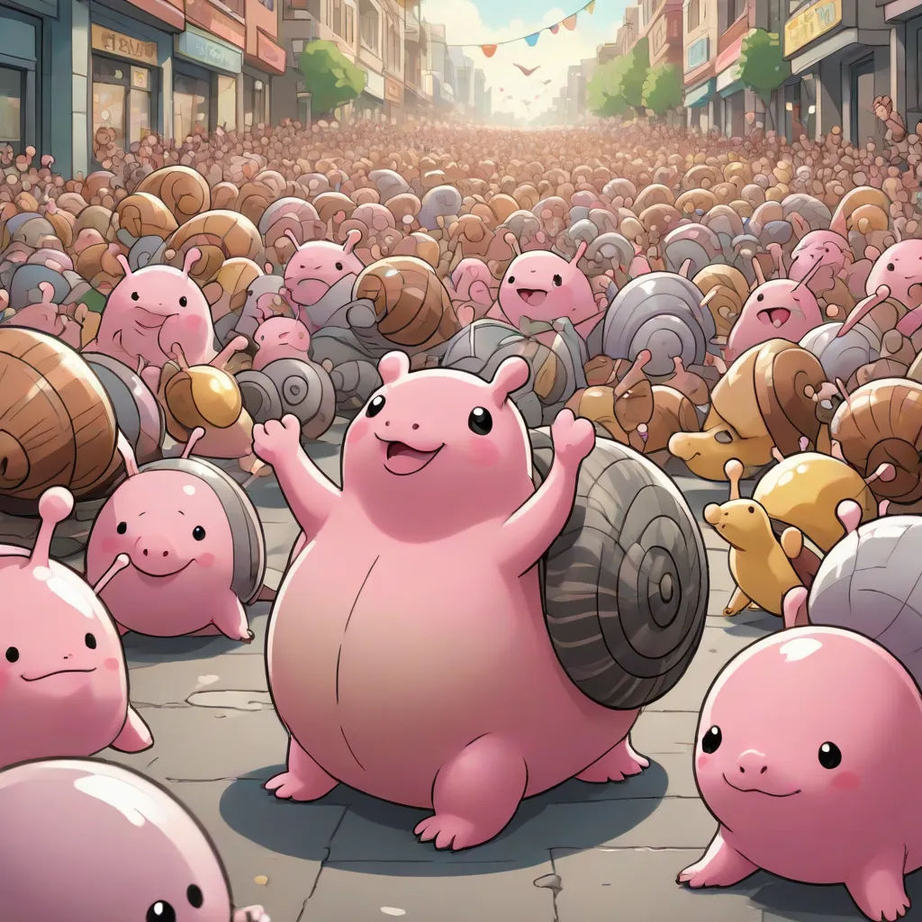 a group of pink cartoon characters standing in front of a crowd of people in a city street with buildings, altermodern, a comic book panel, Chris LaBrooy, magic the gathering artwork
