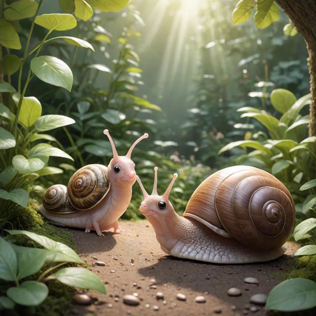two snails are standing on a path in the woods, with the sun shining through the leaves behind them, photorealism, a photorealistic painting, Chris LaBrooy, ultra realistic digital art