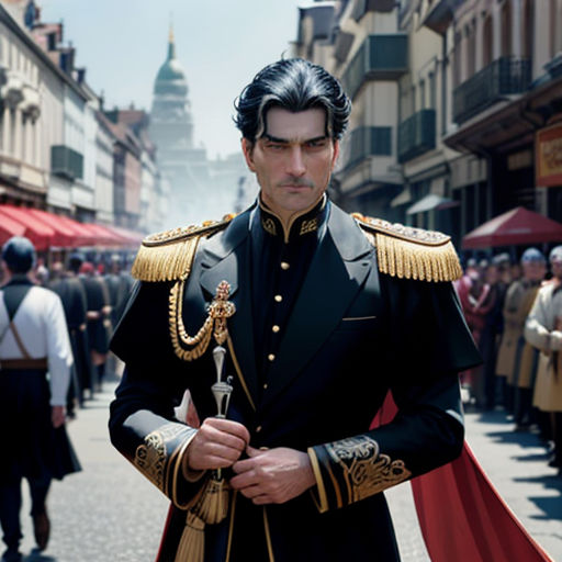 a man in a military uniform is standing in the street with a sword in his hand and a crowd of people in the background