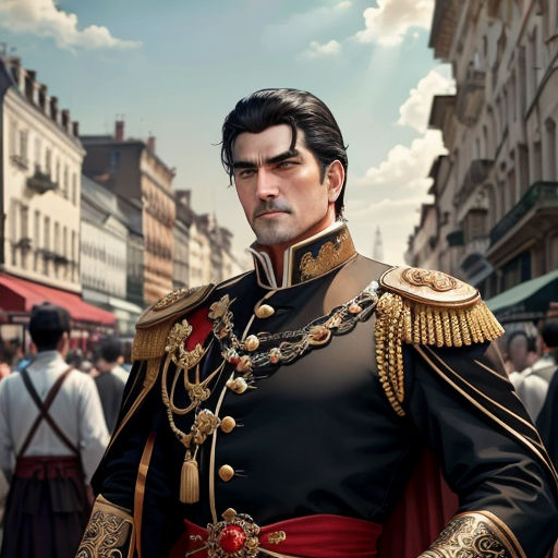 a man in a military uniform standing in a crowded street with people walking around him and a building in the background