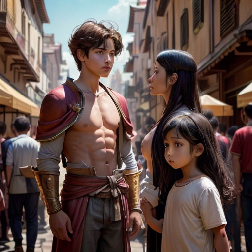 a man and a woman standing next to each other in a street with people walking around them and a man in a costume