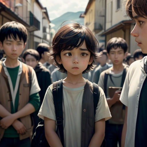a group of young boys standing next to each other in a street with buildings in the background and a boy in the foreground