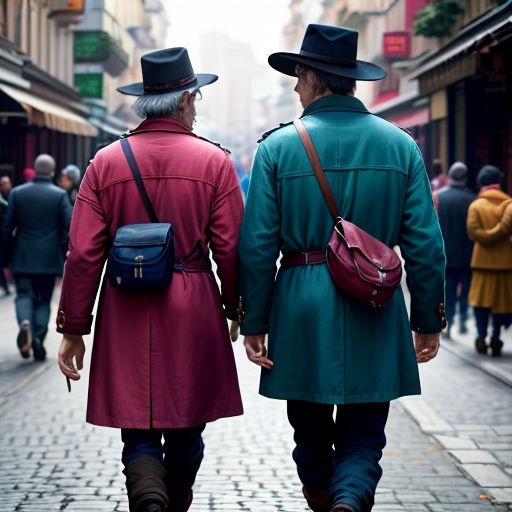 two men in colorful coats and hats walking down a street together with a man in a red coat and a man in a green coat
