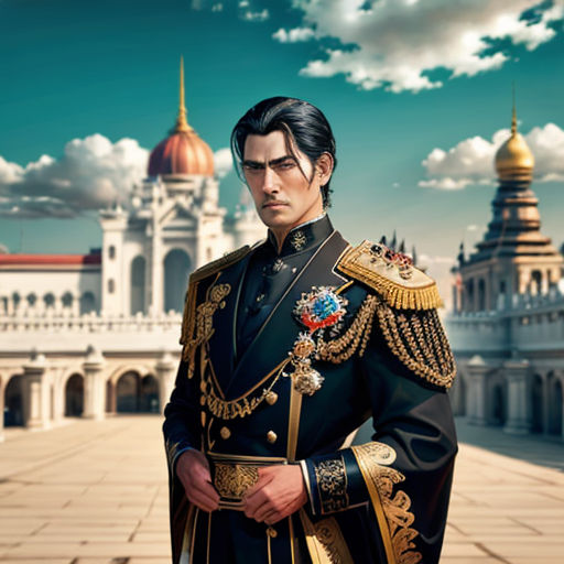 a man in a military uniform standing in front of a palace with a clock tower in the background and a sky with clouds