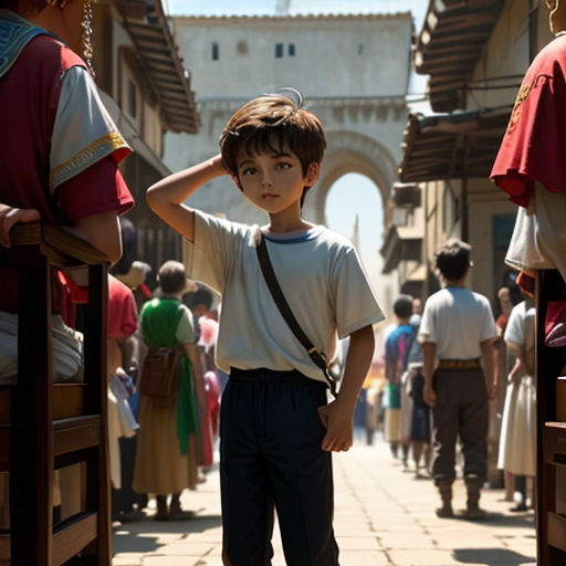a young boy standing in a crowded street with a crowd of people behind him and a man in a white shirt