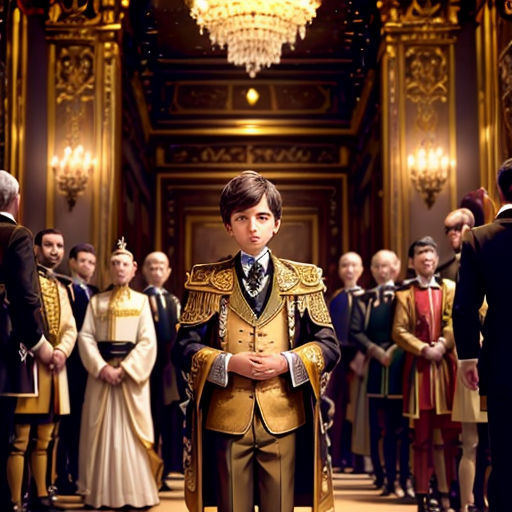 a young boy in a suit and tie standing in front of a crowd of people in formal wear and fancy clothing