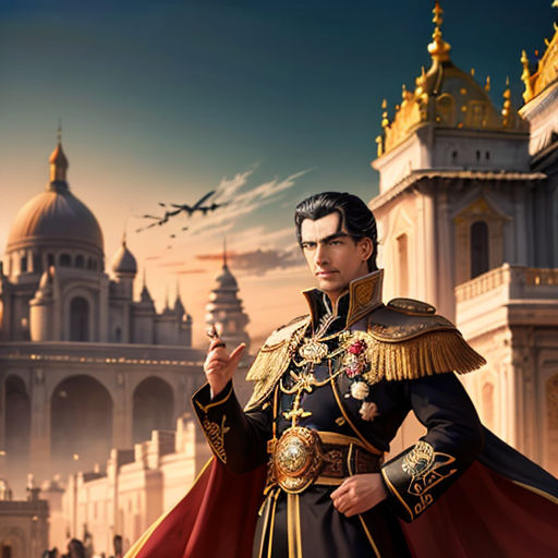 a man in a uniform standing in front of a castle with a plane flying overhead in the background and a plane in the sky