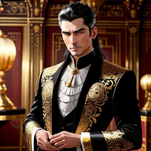 a man in a black and gold suit standing in a room with gold accents and a red wall behind him