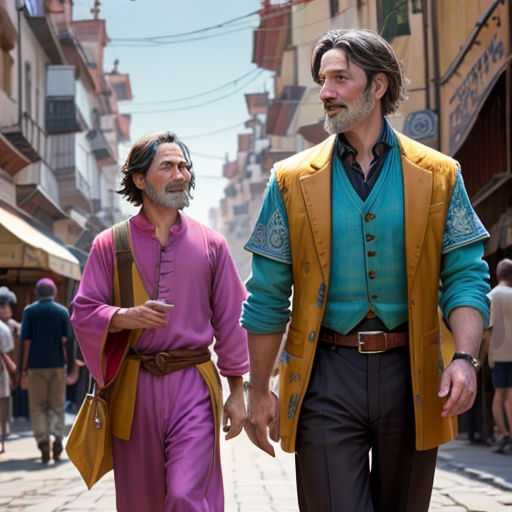 two men walking down a street in a city with people walking by them and a man in a pink shirt and yellow vest